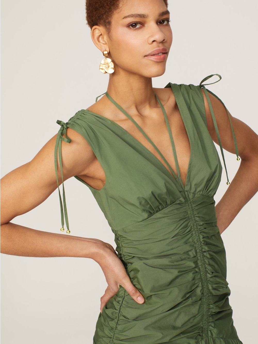 Veronica Beard Olive Green Ruched High-Low Midi Dress - Picture 5 of 8